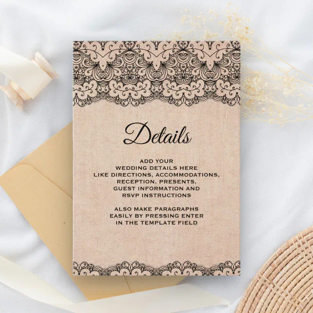 Vintage Black Lace Rustic Burlap Details Enclosure Card | Zazzle