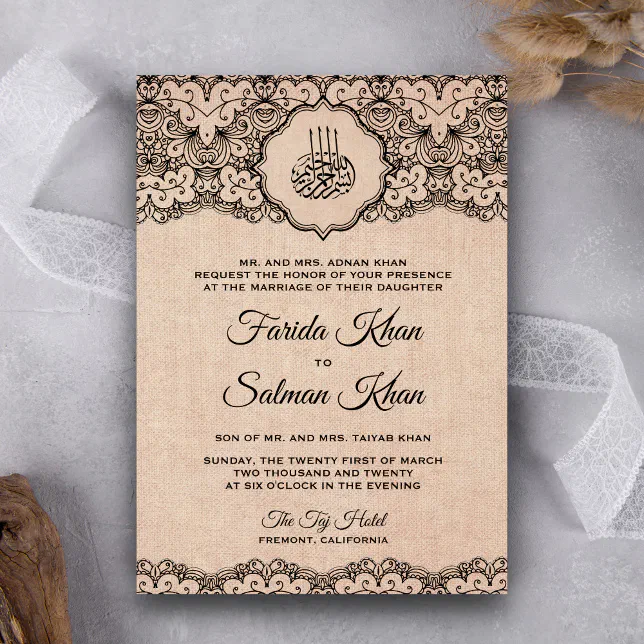 Vintage Black Lace Rustic Burlap Islamic Wedding Invitation | Zazzle