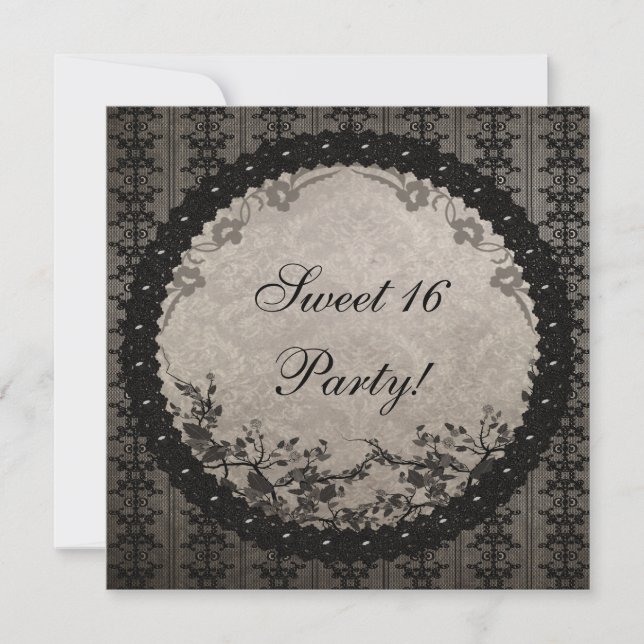 Vintage Black Lace & Sequins Sweet 16 Party Invitation (Front)