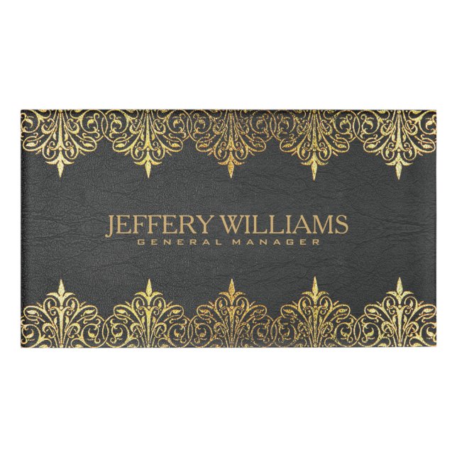 Vintage Black Leather Gold Swirls Frame Name Tag (Front)