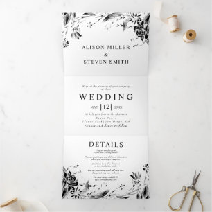 Vintage black line art flowers photo wedding Tri-Fold invitation