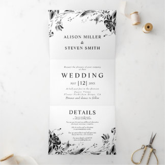 Vintage black line art flowers photo wedding Tri-Fold invitation