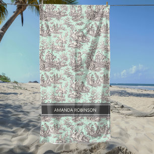 Vintage Black Mint French Toile De Jouy Beach Towel