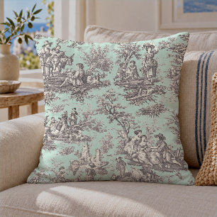 Vintage Black Mint French Toile De Jouy Scenic Throw Pillow