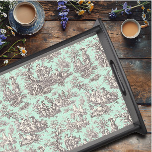 Vintage Black Mint Toile de Jouy Scenic Pattern Serving Tray