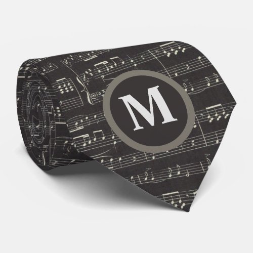 Vintage Black Monogram music note Pattern  Neck Tie