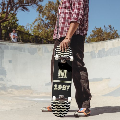 Vintage Black Monogram Year Number Skateboard - Vintage Black Monogram Year Number skateboard. The skateboard comes with a monogram and a year number and is perfect as a gift. Abstract waves are on each side of the skateboard.