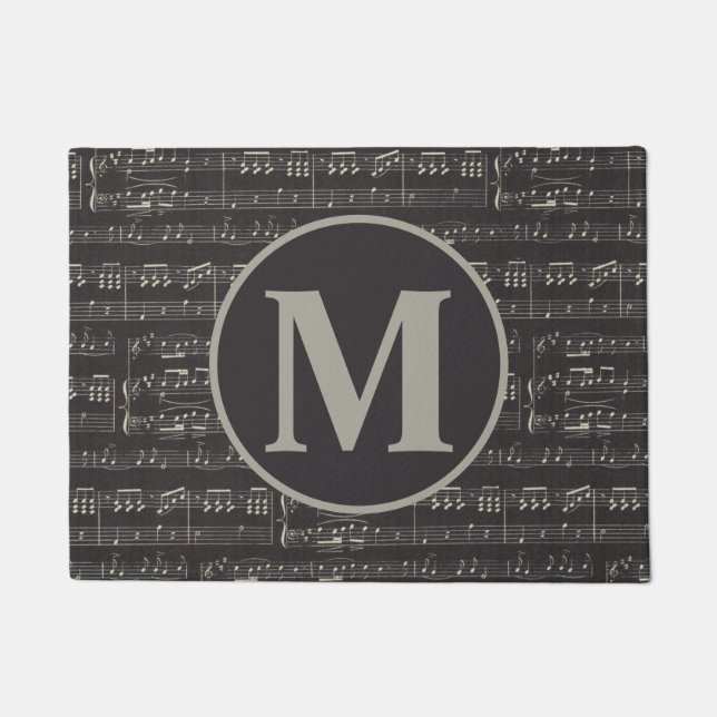 Vintage Black music note Pattern Monogram Doormat (Front)