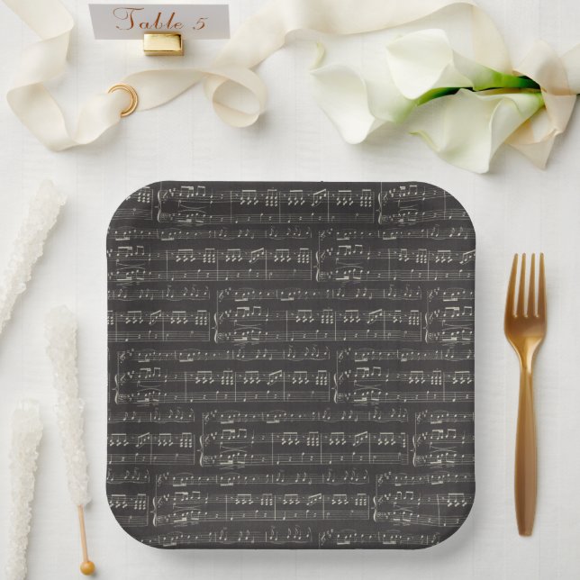 Vintage black music note Pattern Musician  Paper Plates (Wedding)