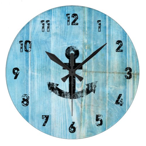 Vintage Black Nautical Anchor on Rustic Blue Wood Large Clock