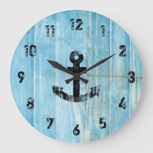 Vintage Black Nautical Anchor on Rustic Blue Wood Large Clock
