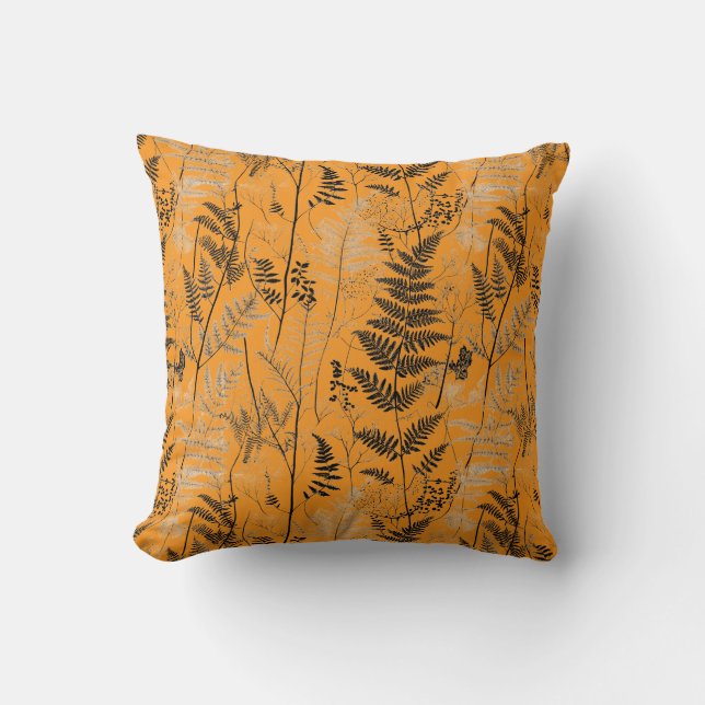 Vintage black orange fern pattern throw pillow (Front)