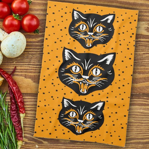 Vintage Black Orange Halloween Cat Faces Stars Towel