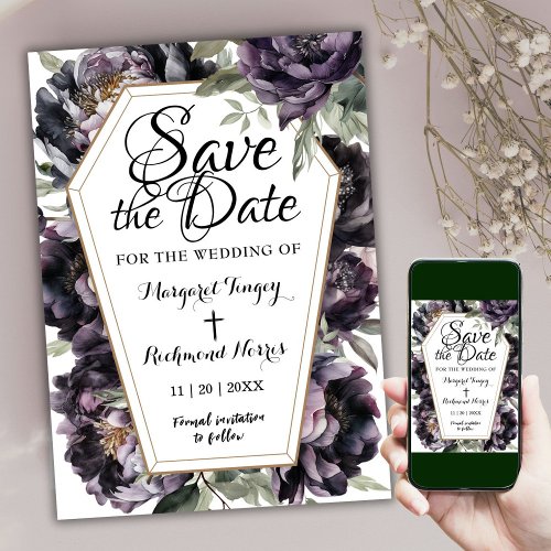 Vintage Black Peony Coffin  Gothic Save The Date Invitation