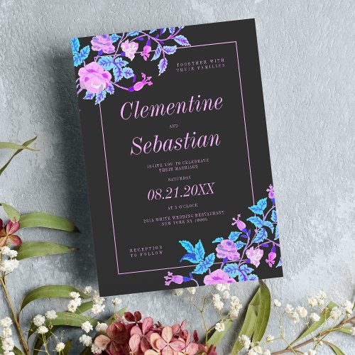 Vintage black pink aqua blue floral wedding invitation