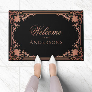 Vintage Black Pink Elegant Rose Gold Welcome Name Doormat