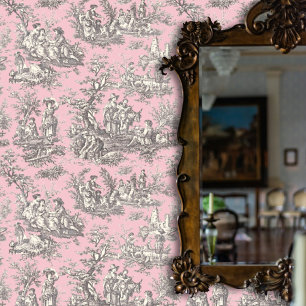 Vintage Black Pink French Toile de Jouy Pattern Wallpaper