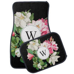 Vintage Black & Pink Magnolia Flowers Monogram Car Floor Mat