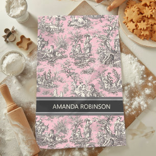 Vintage black pink toile de jouy printed kitchen towel