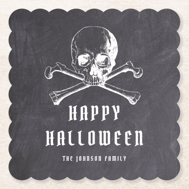 Vintage Black Pirate Skull & Bones Halloween Paper Coaster (Front)