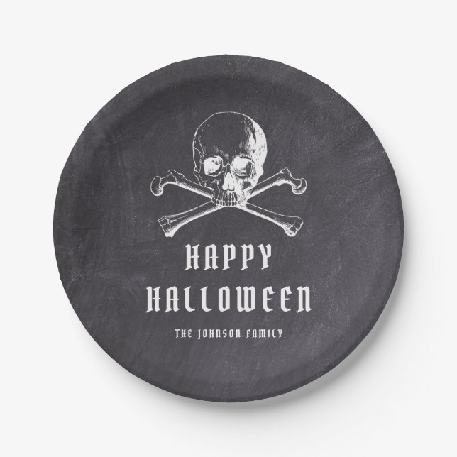 Vintage Black Pirate Skull & Bones Halloween Paper Plates (Front)