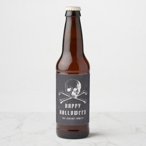Vintage Black Pirate Skull  Bones Happy Halloween Beer Bottle Label