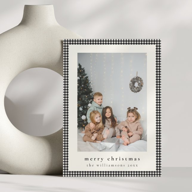 Vintage Black Plaid Vertical Photo Christmas Holiday Card (Creator Uploaded)