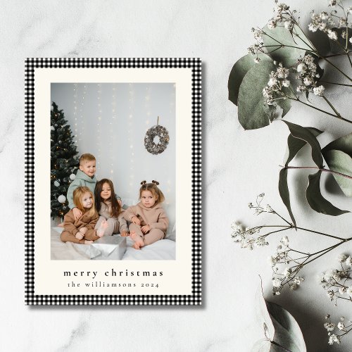 Vintage Black Plaid Vertical Photo Christmas Holiday Card
