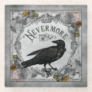 Vintage Black Raven Nevermore Halloween Glass Coaster
