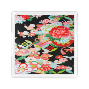 Vintage Black Red Japanese Kimono Floral Flower Acrylic Tray
