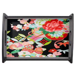 Vintage Black Red Japanese Kimono Floral Flower Serving Tray