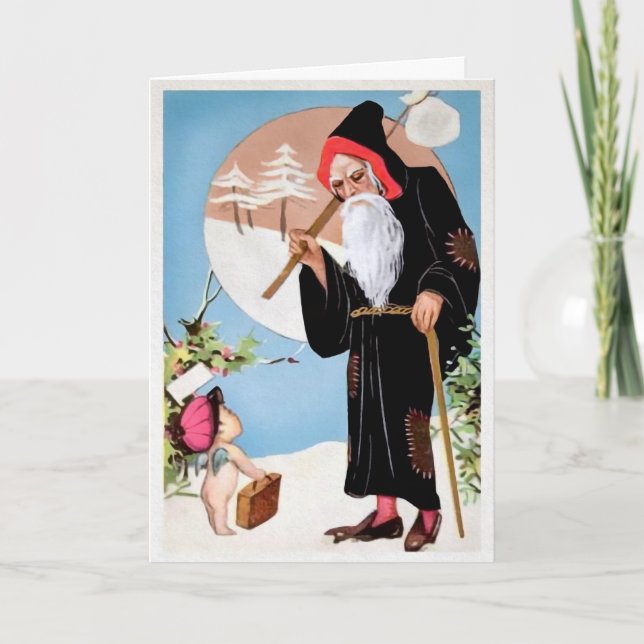 Vintage Black Robed Santa Holiday Card (Front)
