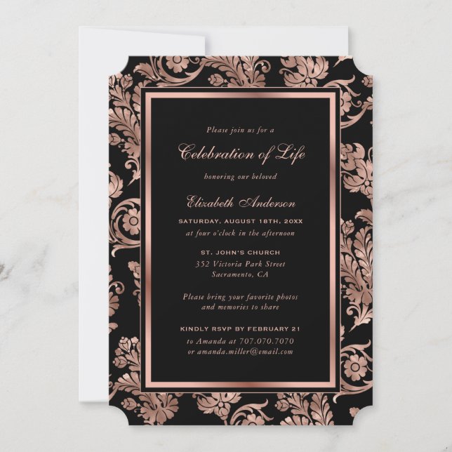 Vintage Black Rose Gold Celebration of Life Invitation (Front)