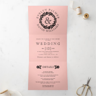 Vintage black rose wreath blush pink wedding Tri-Fold invitation