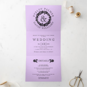 Vintage black rose wreath lavender purple wedding Tri-Fold invitation