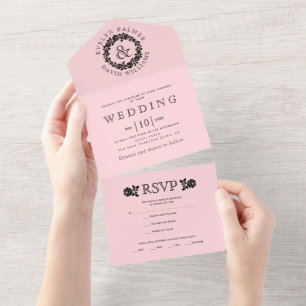Vintage black rose wreath on blush pink wedding  all in one invitation