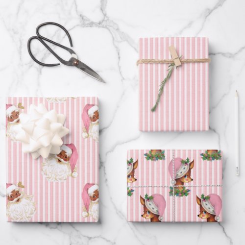 Vintage Black Santa  Reindeer Pink Stripe Wrapping Paper Sheets