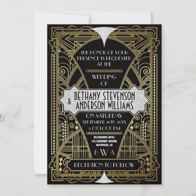 Vintage Black Silver Art Deco Wedding Invitations (Front)