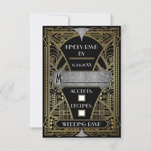 Vintage Black  Silver Art Deco Wedding RSVP Cards