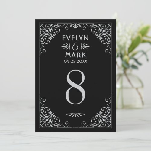 Vintage Black Silver Art Deco Wedding Table Number