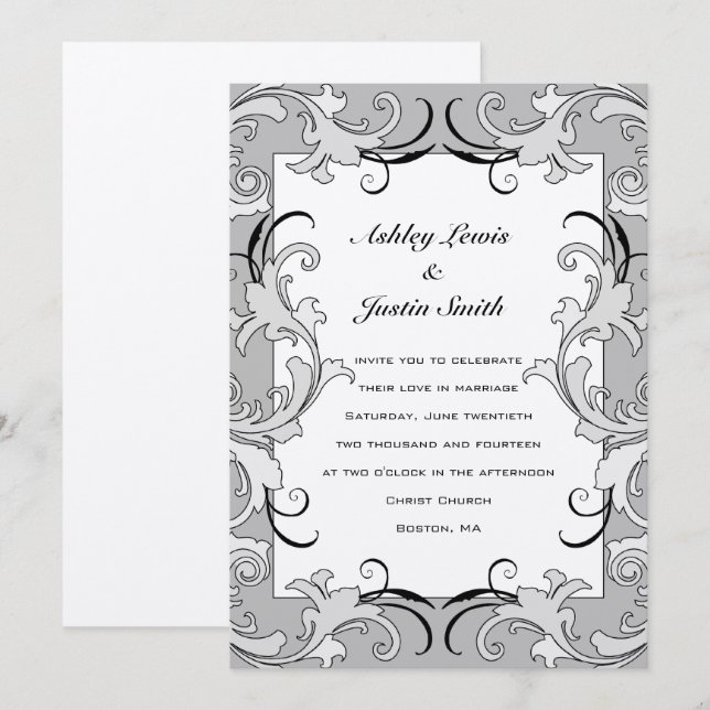 Vintage Black Silver Swirls Wedding Invitation (Front/Back)