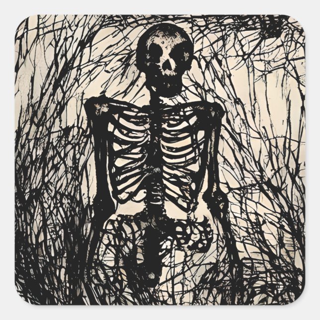 Vintage Black Skeleton Halloween Square Sticker (Front)