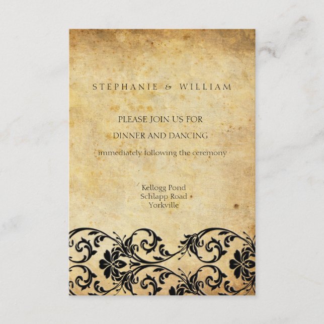 Vintage Black Swirl Damask Wedding Reception Card (Front)