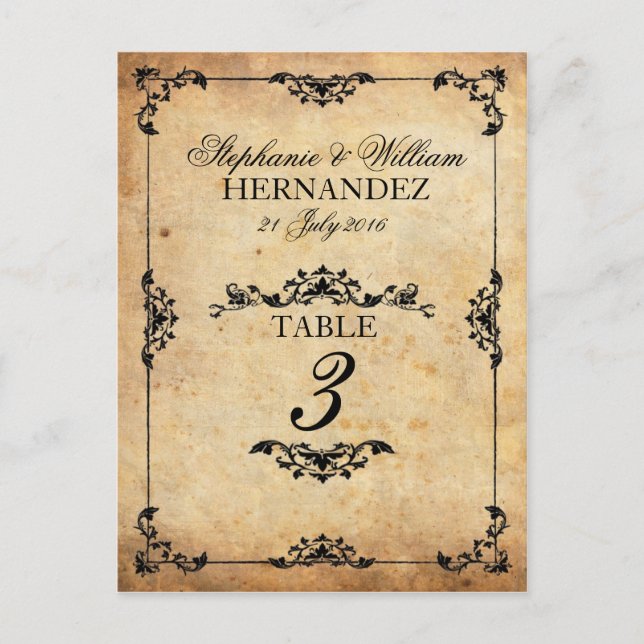 Vintage Black Swirl Wedding Reception Table Number (Front)