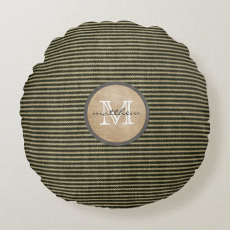 Vintage Black Ticker Pattern Monogram Burlap Round Pillow