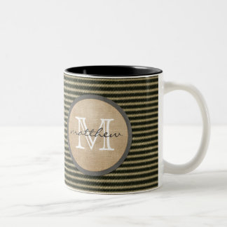 Vintage Black Ticker Pattern Monogram Burlap Two-Tone Coffee Mug