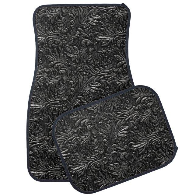 Vintage black tooled leather car floor mat (Set)