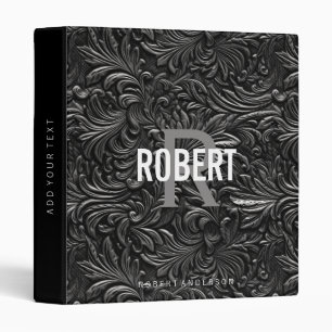 Vintage black tooled leather monogram name 3 ring binder