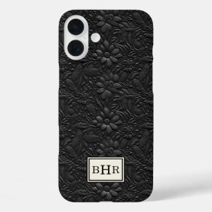 Vintage Black Tooled Leather Monogrammed iPhone 16 Plus Case