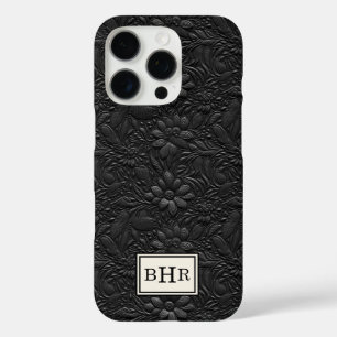 Vintage Black Tooled Leather Monogrammed iPhone 16 Pro Case